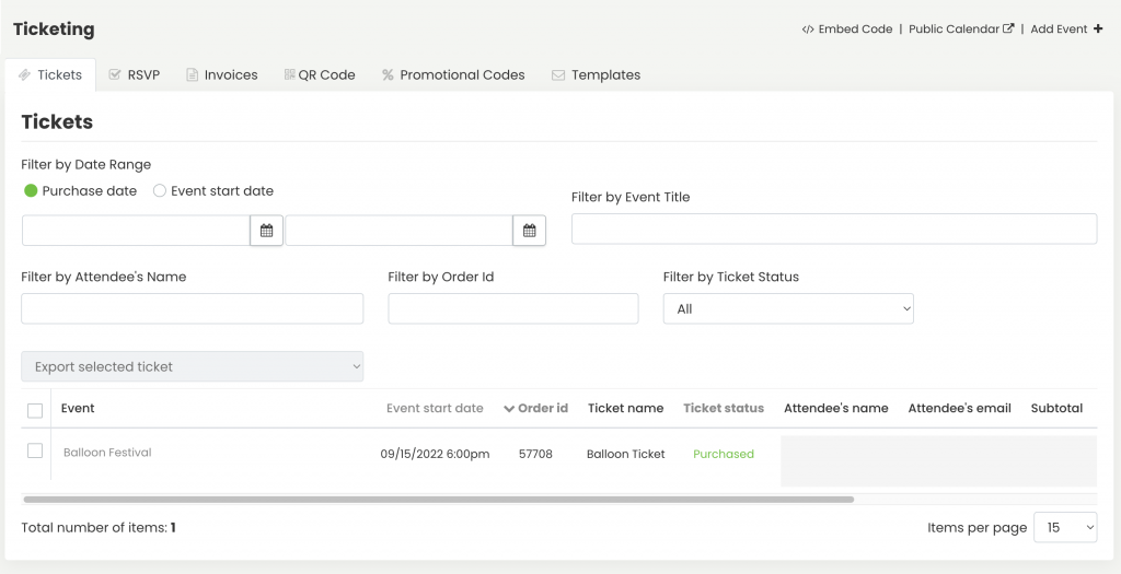 print screen of the Ticket/RSVP tab with a list of tickets sold