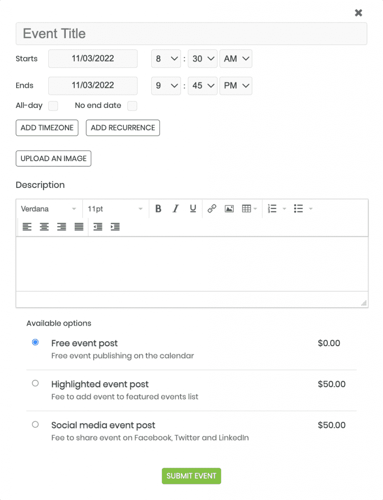 screen shot of Timely event submission form with event advertisement fees