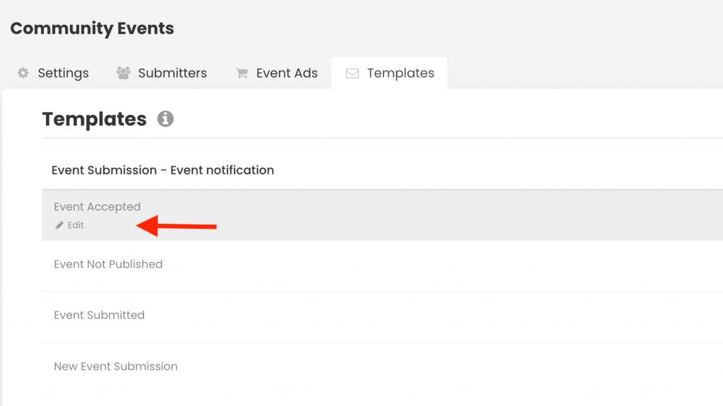 print screen of timely event platform template section highlighting where to edit a template