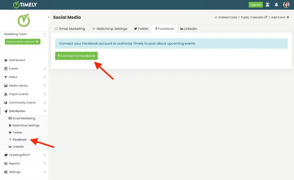 print screen of Distribution menu highlighting the facebook integration option