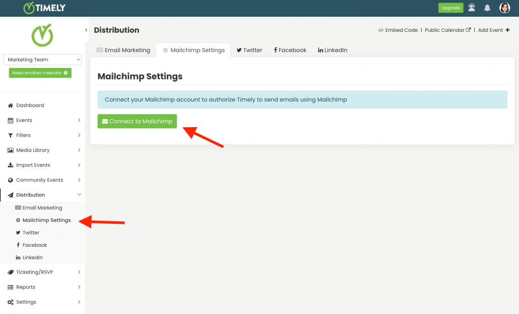 print screen of the Mailchimp settings and connect option