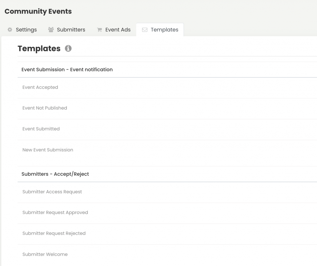 print screen of Timely event software community events templates page