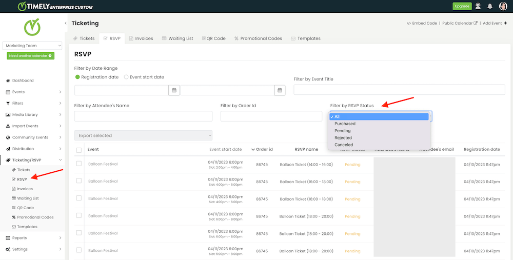 print screen of Timely event management platform RSVP page highlighting how to use filters to find events with RSVP booking request feature