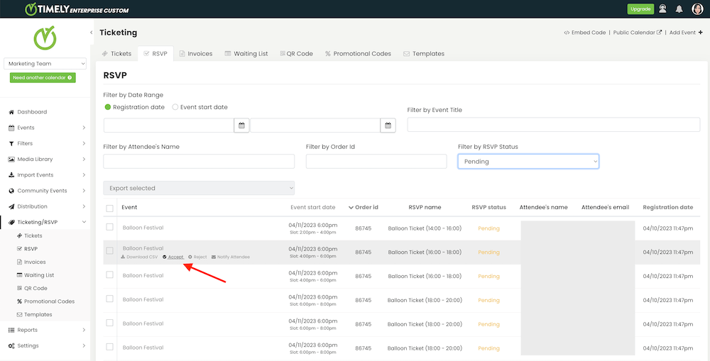 print screen of Timely RSVP and time slot booking request accept or reject process