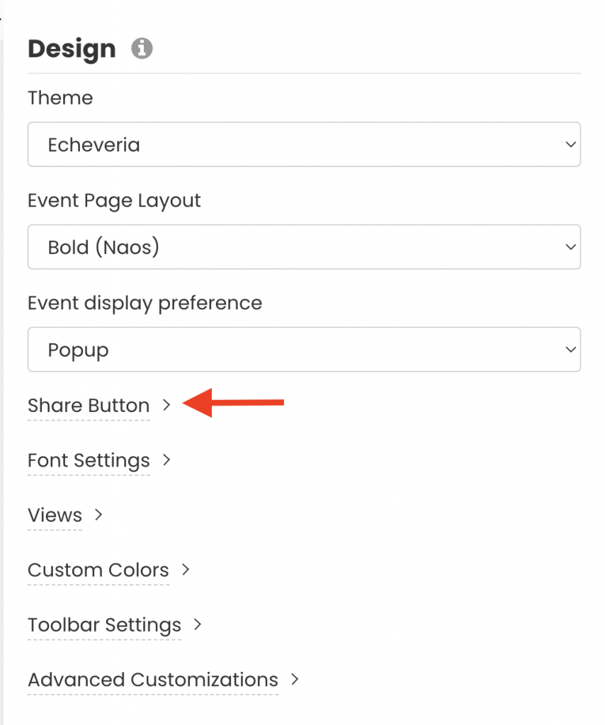 print screen of design settings highlighting the Share Button option.