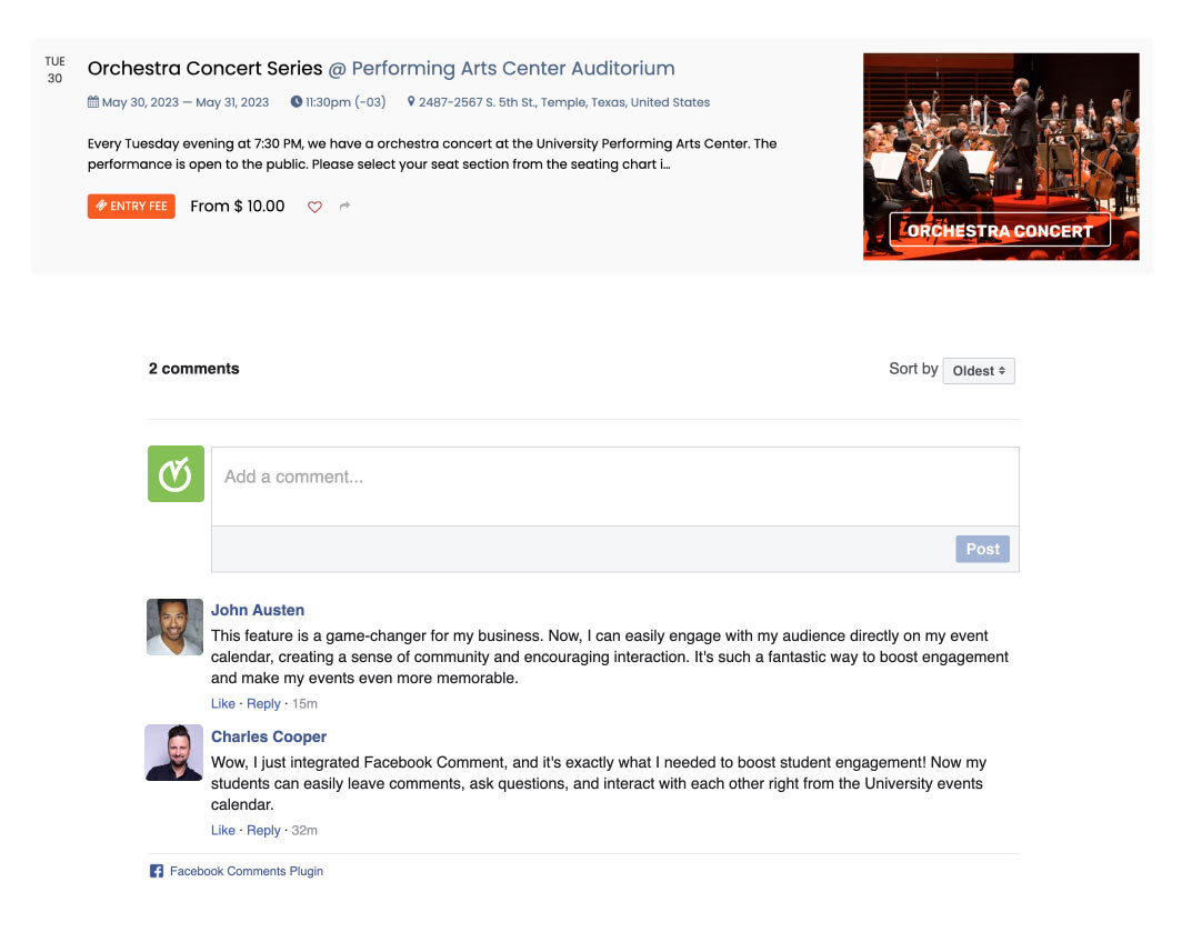 print screen of Facebook Comments widget integrated into a University Events Calendar