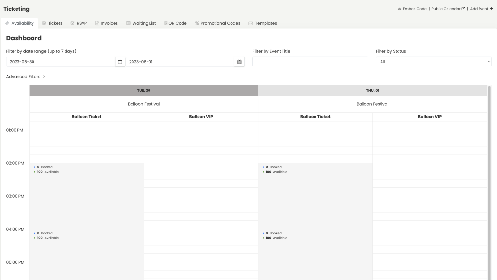 print screen of Timely availability dashboard used to track rsvp responses and ticket sales