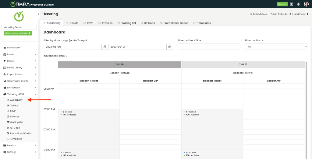 print screen of Timely event platform highlighting the availability dashboard
