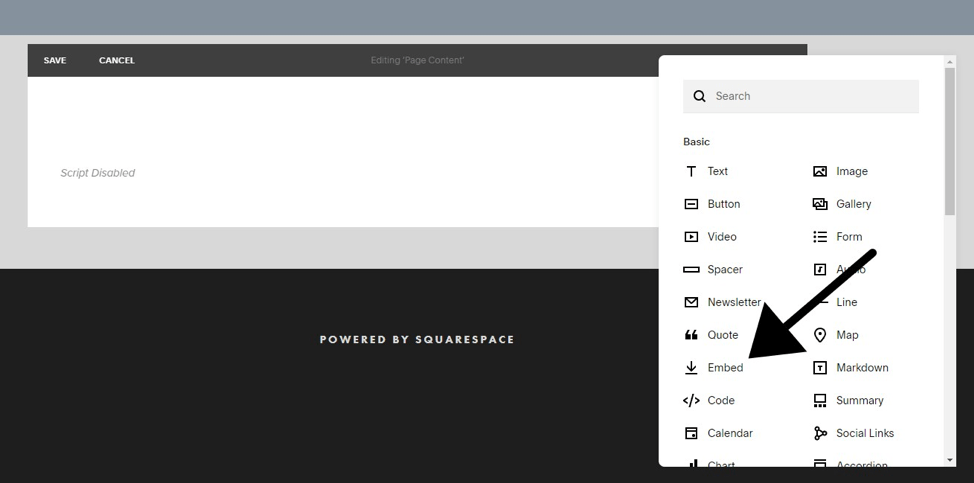 print screen of squarespace dashboard highlighting Embed Code option