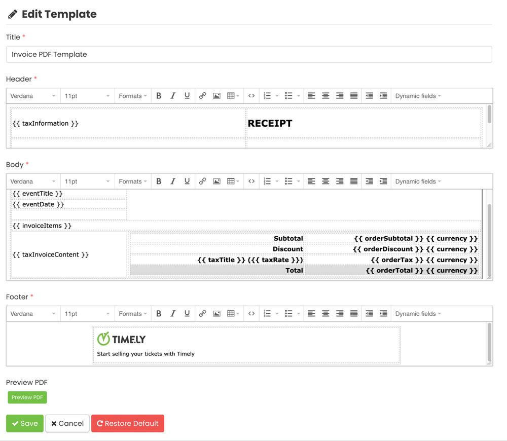 Template Editor where you can modify the template