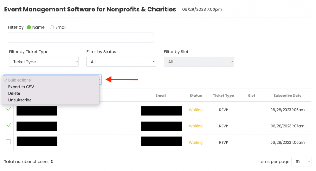 Bulk actions for wait list registrants