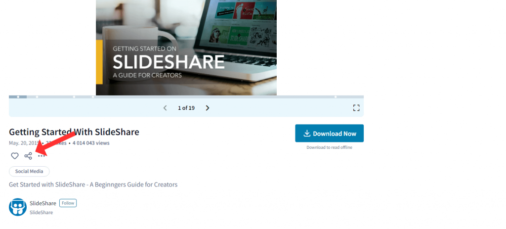 プレゼンテーションを他のユーザーと共有するオプションを表す、SlideShare ロゴが付いたボタンを表示する印刷画面。