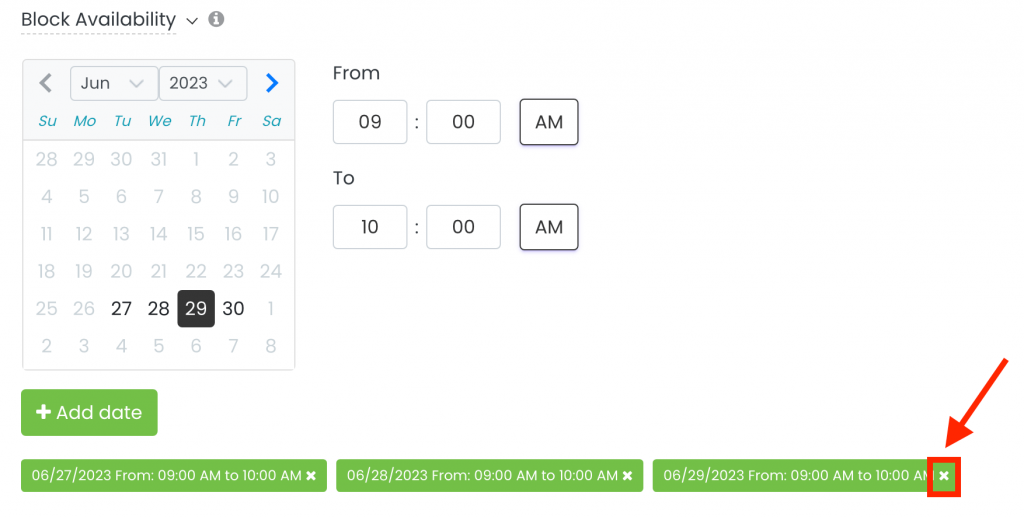 Showing how to remove block availability from a ticket type