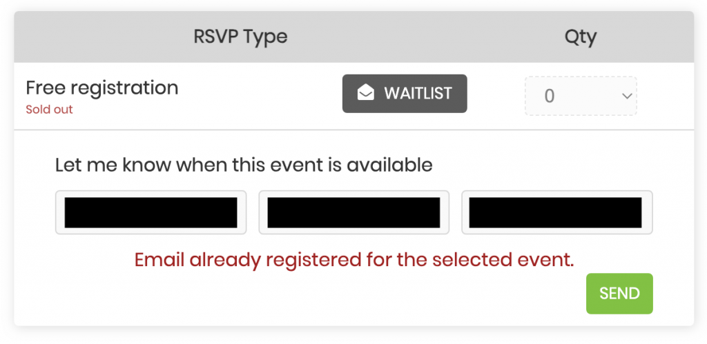 Example of email registration for wait list