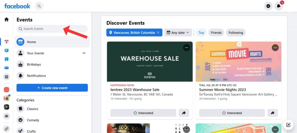 print screen of Facebook events page highlighting how to search for events of interest