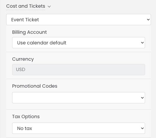 イベント追加ページのコストとチケットセクションのイベントチケット選択の印刷画面 Timely イベントソフトウェア