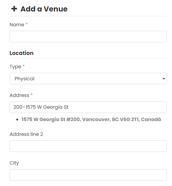 print screen of add a venue options on Timely dashboard