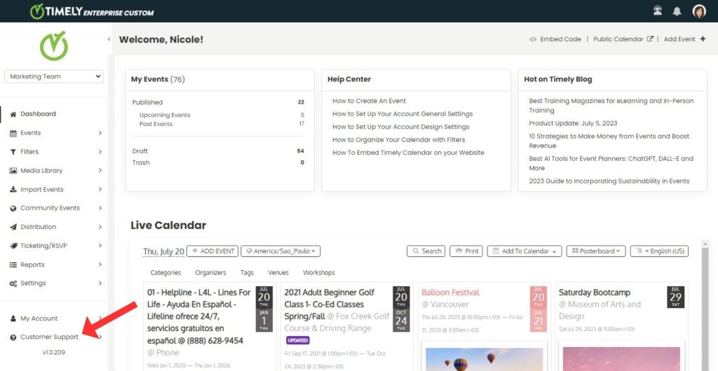print screen of Timely event platform dashboard highlighting where to click to contact customer support.