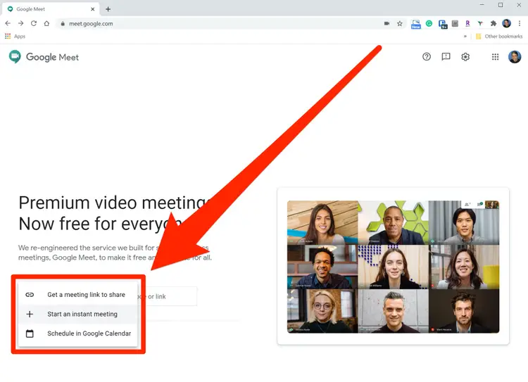 会議リンクの場所を示す Google Meet の印刷画面