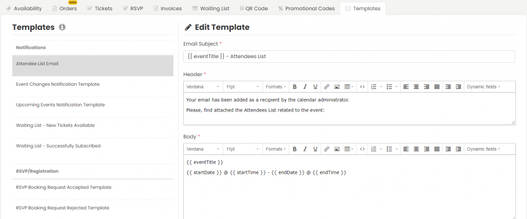 edit email template / attendee lists