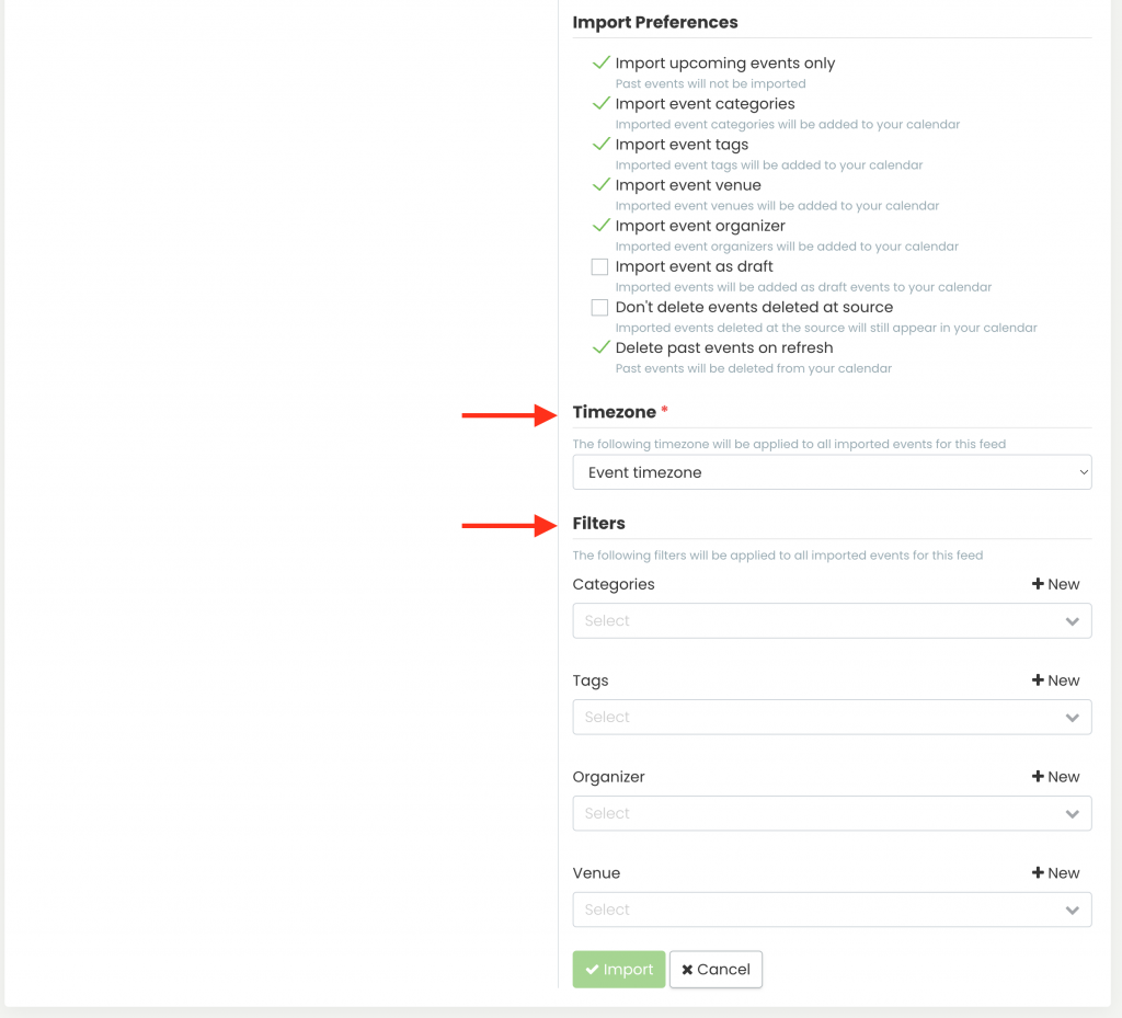 print screen of import events and my feeds settings highlighting timezone and filter settings