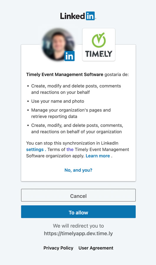 LinkedIn 認証ページの画面を印刷して認証します Timely あなたに代わって Linkedin にイベントを投稿するため