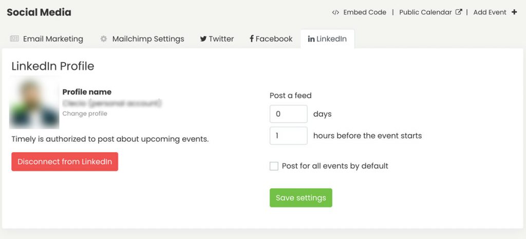のプリントスクリーン Timely Linkedin にイベントを自動的に投稿する自動化