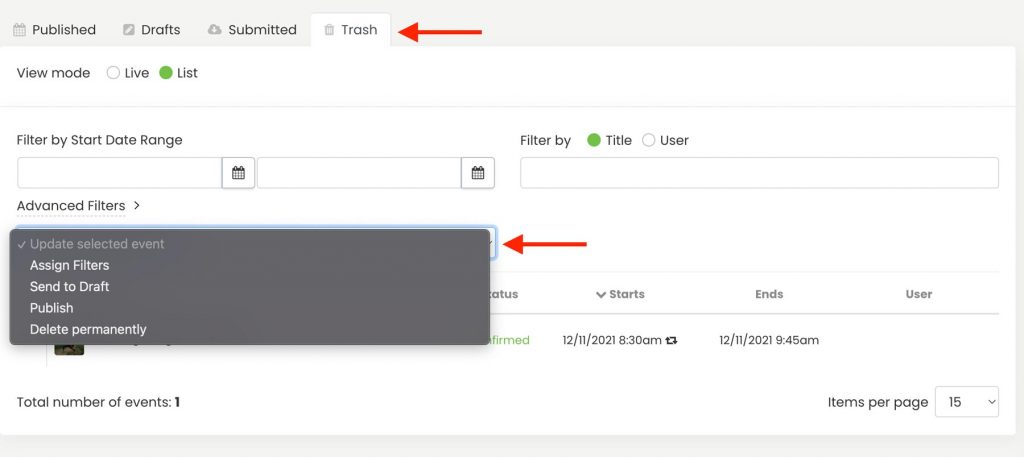 print screen of timely event software dashboard showing how to permanently delete events on trash