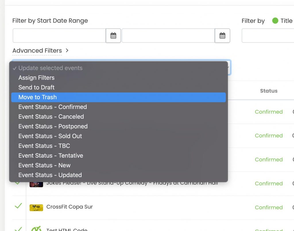 screen shot of timely event platform dashboard highlighting how to move events to trash in bulk