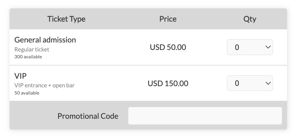 print screen of ticket checkout showing general admission tickets and VIP tickets