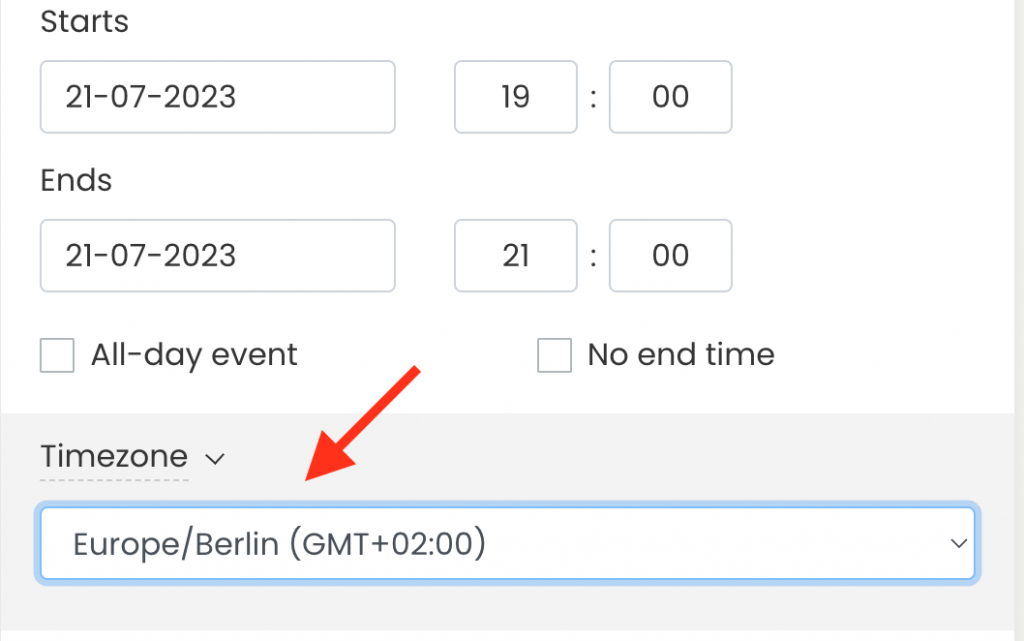 print screen of edit event time zone settings on Timely event software