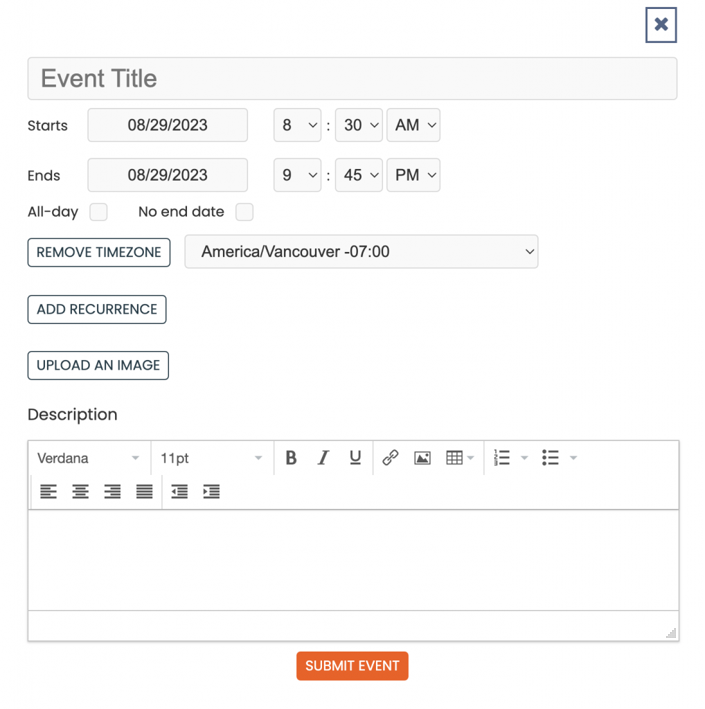 print screen of the public view of the event submission form with standard fields