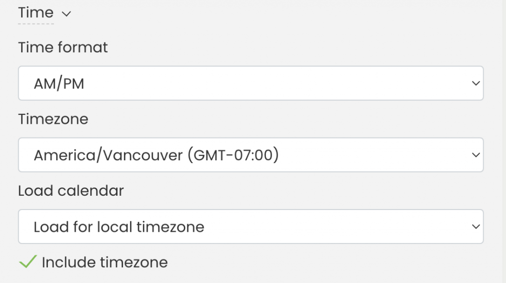 print screen of Timely event platform timezone settings