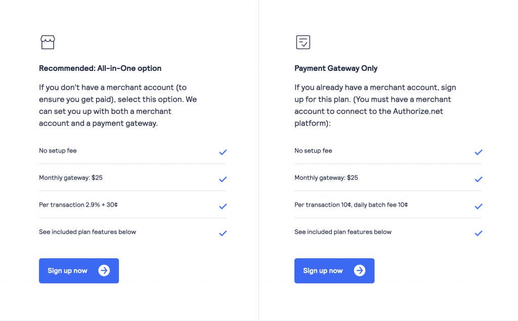 print screen of Authorize.net pricing page and plans