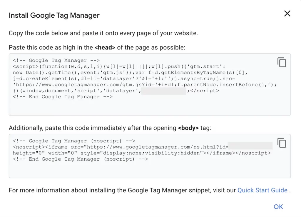 Google Tag Manager code to be used at the website
