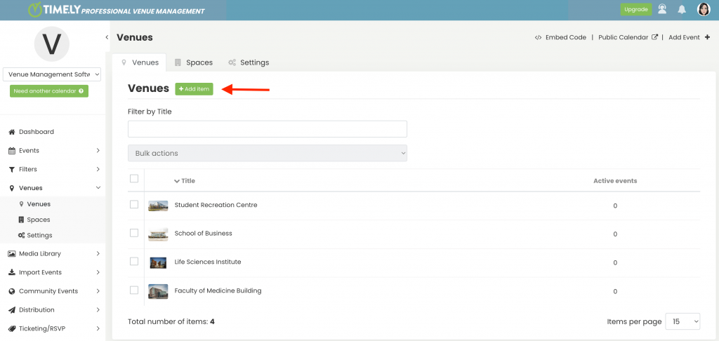 print screen of timely venue management software highlighting the add item button to create event venues