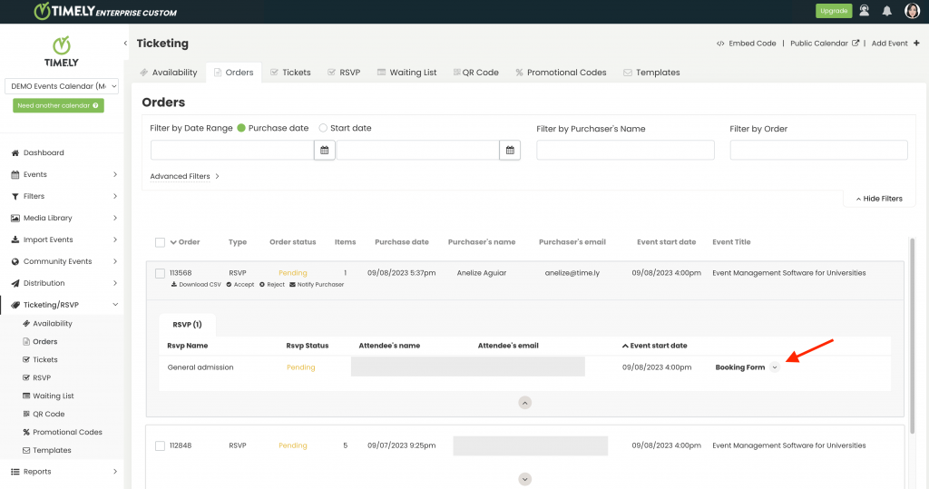 print screen of Timely event management software, Orders tab, highlighting the Booking Form section