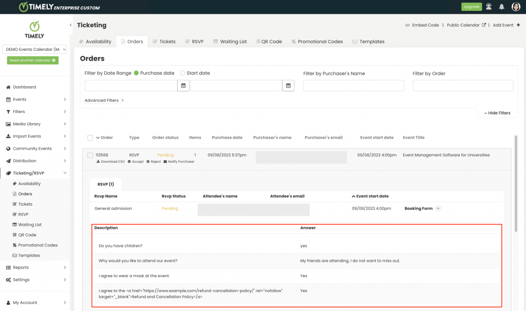 print screen of Timely event management software, orders tab, showing how to manage answers from event booking forms