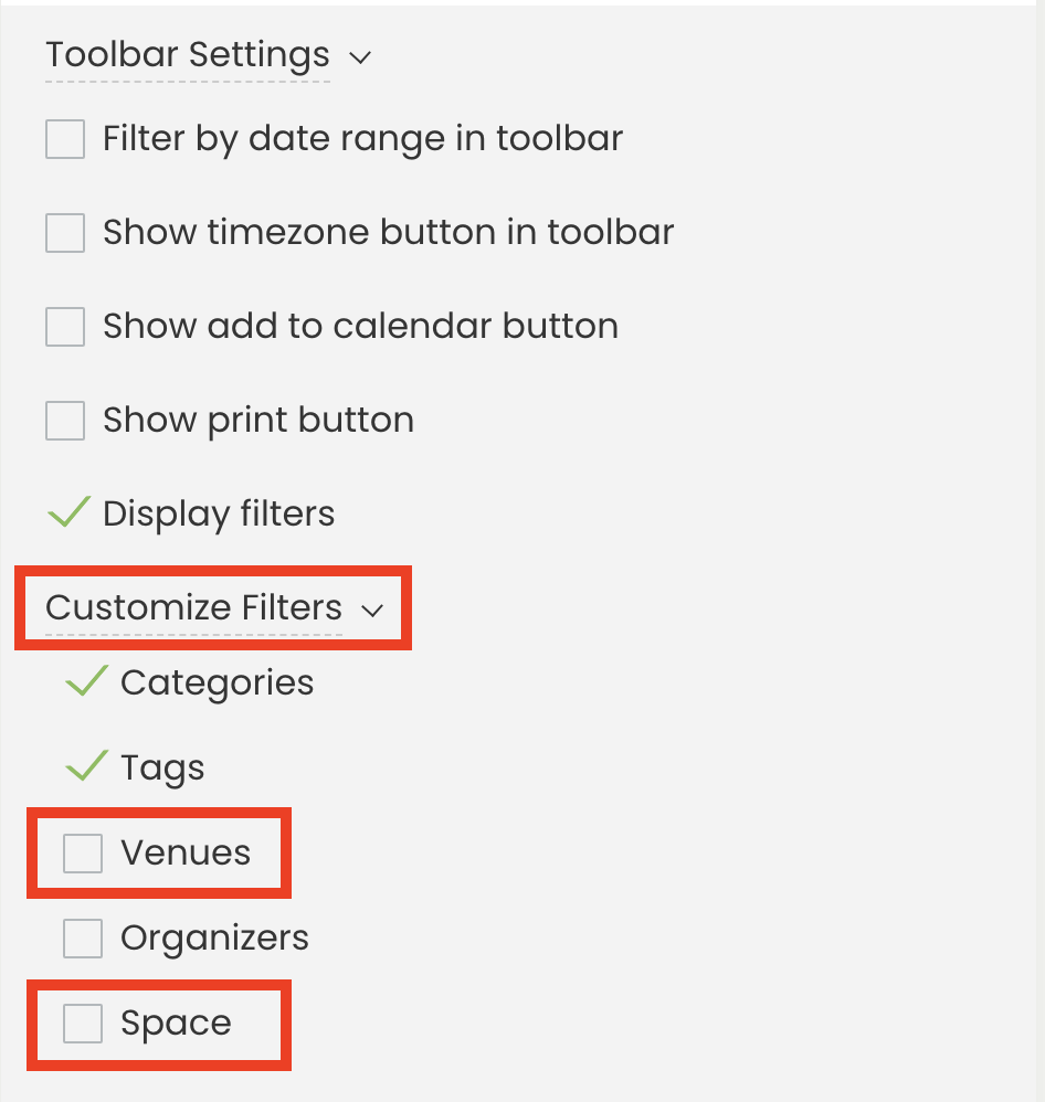 print screen of Timely venue management software highlighting how to add venue and space filters to calendar