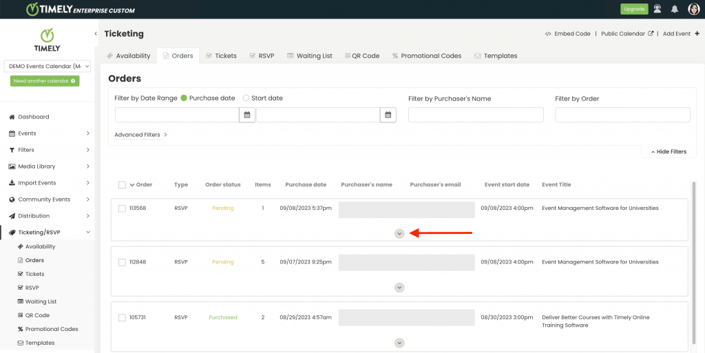 pritn screen of Timely event management software dashboard, Orders tab, highlighting expandable area