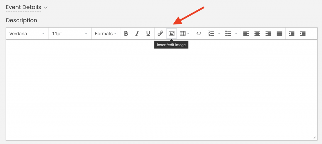 print screen of Add event section highlighting the insert and edit image icon