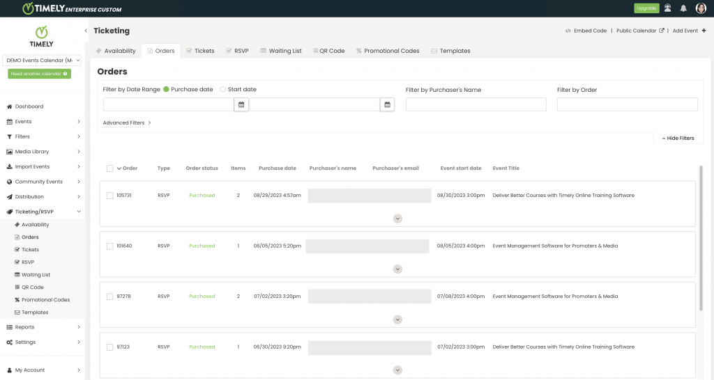 print screen of timely event management software order tab