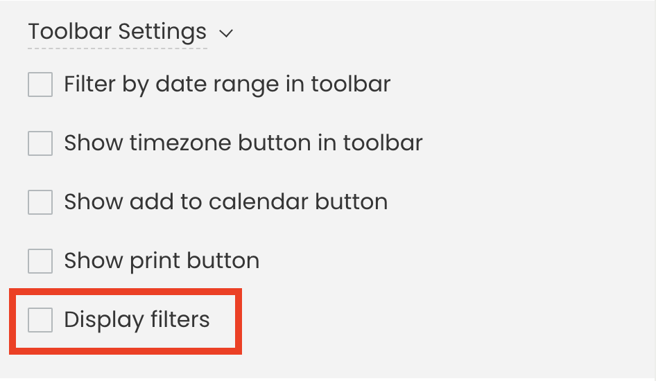 print screen of Timely event and venue management platform display filters functionality