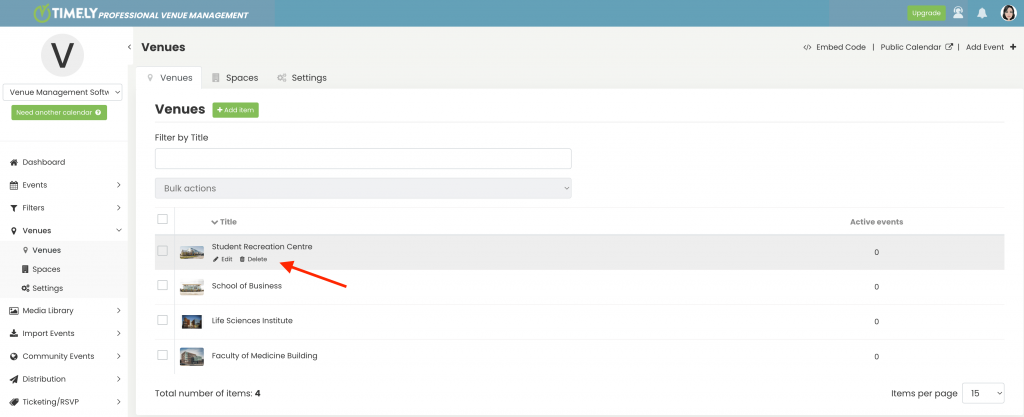 print screen of Timely venue management platform showing how to edit or delete event venues