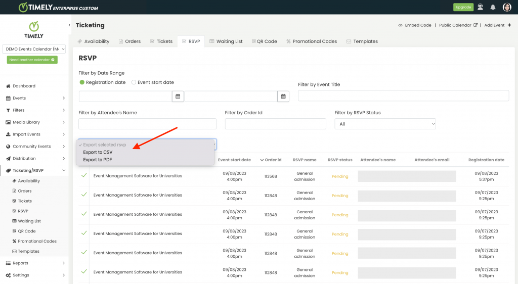 print screen of Timely event management software export data to manage answers from event booking forms