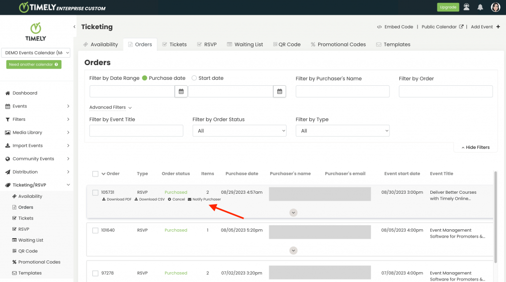 print screen of Timely event management system showing how to notify purchasers