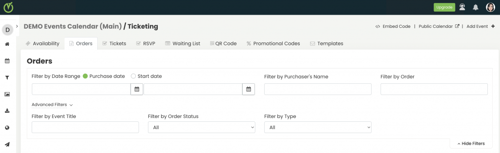 print screen of the Invoices tab with the filter options to find a specific invoice