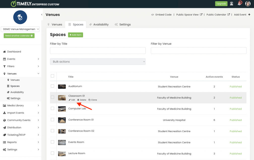 print screen of Timely venue management platform highlighting how to edit event spaces