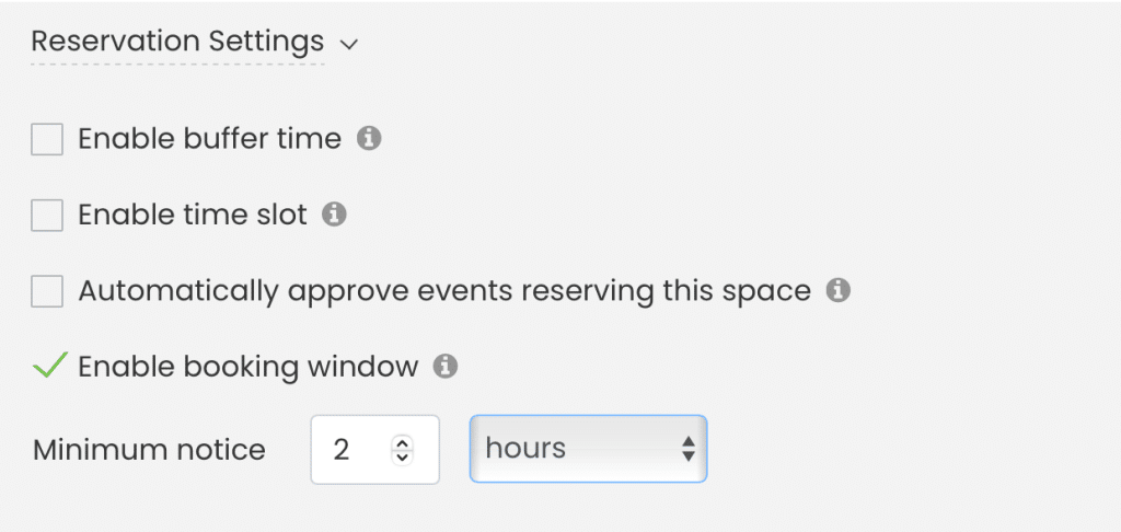 Configuração para permitir aviso prévio mínimo para reservas de espaço.