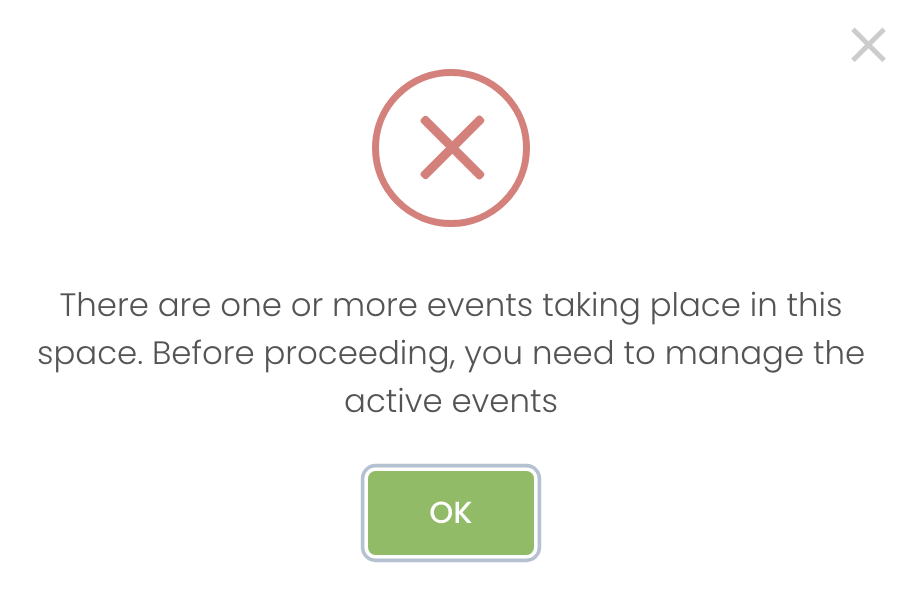ユーザーによるイベント スペースの削除を妨げるシステムによって表示される警告の印刷画面